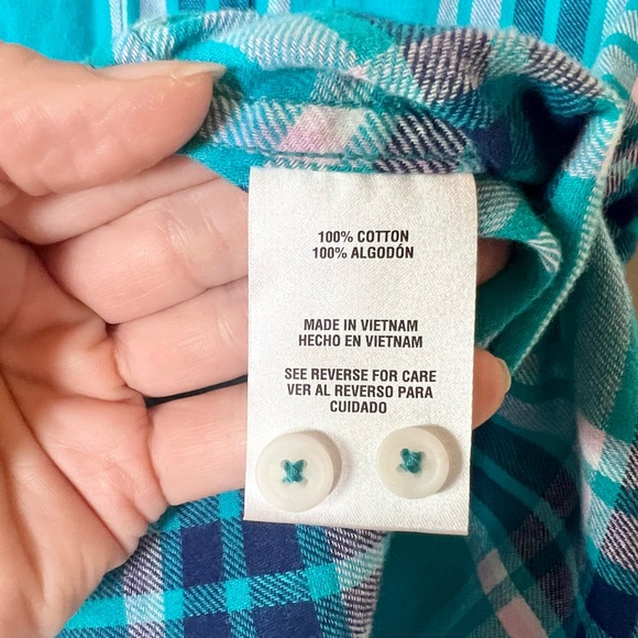 Woolrich Plaid Flannel Shirt Long Sleeve Turquoise, Navy and Pink - Picture 7 of 7